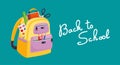 Back to school banner. Yellow backpack with school supplies on a blue background. Royalty Free Stock Photo