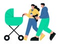 Happy couple of parents walking with their baby in a newborn stroller. Flat vector illustration of family and children grow up Royalty Free Stock Photo