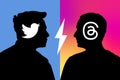 Mark Zuckerberg Silhouette Threads Instagram Gradient Rainbow Background versus Elon Musk Black Silhouette Twitter Blue