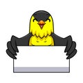 Cute common backyard bird cartoon holding blank sign