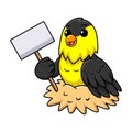 Cute common backyard bird cartoon holding blank sign