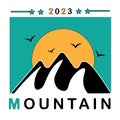 mountain illustration vector design with square view, sun and bird