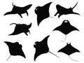 Set of manta ray silhouette vector art on a white background