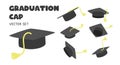 Set of graduation caps flat vector illustration cartoon style clipart hand drawn. Graduation caps throwing up concept Royalty Free Stock Photo