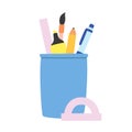 Simple blue pencil pot or pencil holder with school supplies flat vector illustration cartoon clipart. School concept Royalty Free Stock Photo