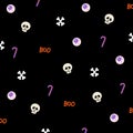 Halloween background, wallpaper, backdrop, banner with head skull, eyes with blood vessels, bones and candy canes