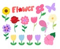 Various types of hand drawn flowers including rose, sunflower, tulip, daisy, hibiscus and butterfly.