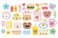 Cute icons of animals, burger, cereal, hot dog, fried egg, bacon, milk, flowers, heart, happy faces and abstract doodle elements.