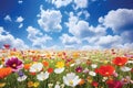 Colorful spring flowers on a meadow in panorama format, with the blue sky and white clouds in the background.GenerativeAI. Royalty Free Stock Photo