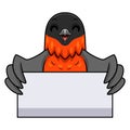 Cute bullfinch bird cartoon holding blank sign Royalty Free Stock Photo