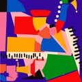 Modern music poster with abstract and minimalistic musical instruments assembled from colorful geometric forms and shapes. Royalty Free Stock Photo