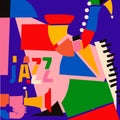 Modern jazz music poster with abstract and minimalistic musical instruments assembled from colorful geometric forms and shapes Royalty Free Stock Photo