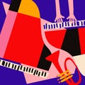 Modern music poster with abstract and minimalistic musical instruments assembled from colorful geometric forms and shapes Royalty Free Stock Photo