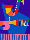 Modern jazz music poster with abstract and minimalistic musical instruments assembled from colorful geometric forms and shapes Royalty Free Stock Photo