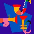 Modern music poster with abstract and minimalistic musical instruments assembled from colorful geometric forms and shapes. Royalty Free Stock Photo