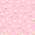 Bunny, daisy flowers, heart, ribbon on a pastel pink background for easter pattern, kid clothes, pet, wallpaper, zoo, animal print Royalty Free Stock Photo