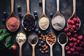 Superfood powder, berries and seeds in spoons.Top view.GenerativeAI.