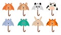 Collection of animalistic umbrellas. Accessories with animals. Rabbit, fox, bear, mouse, frog, tiger, panda