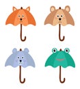Collection of animalistic umbrellas. Accessories with animals. Fox, bear, mouse, frog. Flat vector illustration set. Royalty Free Stock Photo
