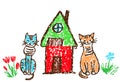 Funny tabby cats and house. Rural cute landscape. Crayon child`s hand drawn kittens.