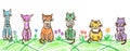 Funny tabby cat set on meadow. Border background. Crayon child`s hand drawn cute kitten on grass flower. Royalty Free Stock Photo