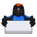 Cute blue manakin bird cartoon holding blank sign Royalty Free Stock Photo