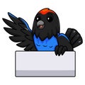 Cute blue manakin bird cartoon waving hand