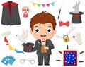 Cute magician kid with magic elements collection Royalty Free Stock Photo