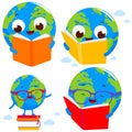 Planet Earth reading a book. World book day. Vector illustration