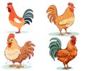 Chicken Illustration set, Cartoon domestic chicken. Funny different roosters and mother hens various breed with small chicks Royalty Free Stock Photo