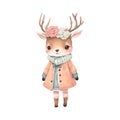 kawaii cute little deer watercolor wearing vintage winter costume merry christmas and happy new year on white background