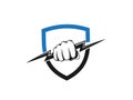 Creative hand power vector logo with shield. Power logo. Fist hand power logo. Fist male hand vector. Energy