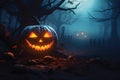 Scary halloween pumpkin in the dark forest.3D rendering.GenerativeAI. Royalty Free Stock Photo