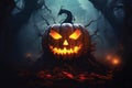 Scary halloween pumpkin in the dark forest.3D rendering.GenerativeAI. Royalty Free Stock Photo