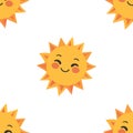 Kids cartoon style designed Yellow sun with full smile isolated on white background is in Seamless pattern - vector Royalty Free Stock Photo