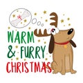 Warm and furry Christmas - happy greeting with cute dog in reindeer antler and with bone