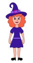 Little witch. Halloween party. Red hair Girl in purple costume. Witch hat and dress. Vector Flat illustration. Royalty Free Stock Photo