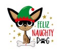 Feliz naughty dog - cute chihuahua dog in elf hat and with bone.