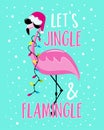 Let\'s jingle and flamingle - funny slogan with flamingo in Santa hat and Christmas lights garland.