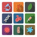 Vector set of Biology icons flat style with long shadow. Microscope, insect, dna, red blood cell, syringe, virus, bacterium vector Royalty Free Stock Photo