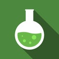 Round bottom flask with green chemical liquid flat icon with long shadow. Chemistry icon pictogram vector. Laboratory, experiment Royalty Free Stock Photo