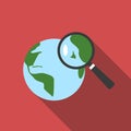 Magnifying glass on Earth globe flat icon with long shadow. Geography icon pictogram vector. Map, travel, discover concept Royalty Free Stock Photo