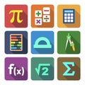 Vector set of Math icons flat style with long shadow. Pi number, calculator, abacus, protractor, compass, function, square root Royalty Free Stock Photo