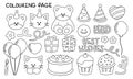 Birthday party outline drawings of bear and cat characters, hats, balloons, cakes, cupcakes, gifts, presents, flowers.