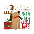 Warm and furry Christmas - happy greeting with cute dog in reindeer antler, and with christmas present and bone.