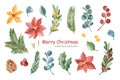 Watercolor Merry Christmas floral elements.Set with branches,leaves,berries,holly and poinsettia Royalty Free Stock Photo