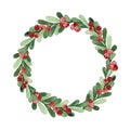 Watercolor Merry Christmas wreath. Ready to use arrangement with green branches and berries Royalty Free Stock Photo