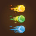 Magic fireballs flames set. Realistic blue, green, orange fire isolated on brown background for design and decoration Royalty Free Stock Photo