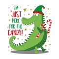 I\'m just here for the candy - funny slogan with alligator in elf hat, and with cany cane. Royalty Free Stock Photo