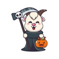 Grim reaper goat holding scythe and halloween pumpkin. Royalty Free Stock Photo